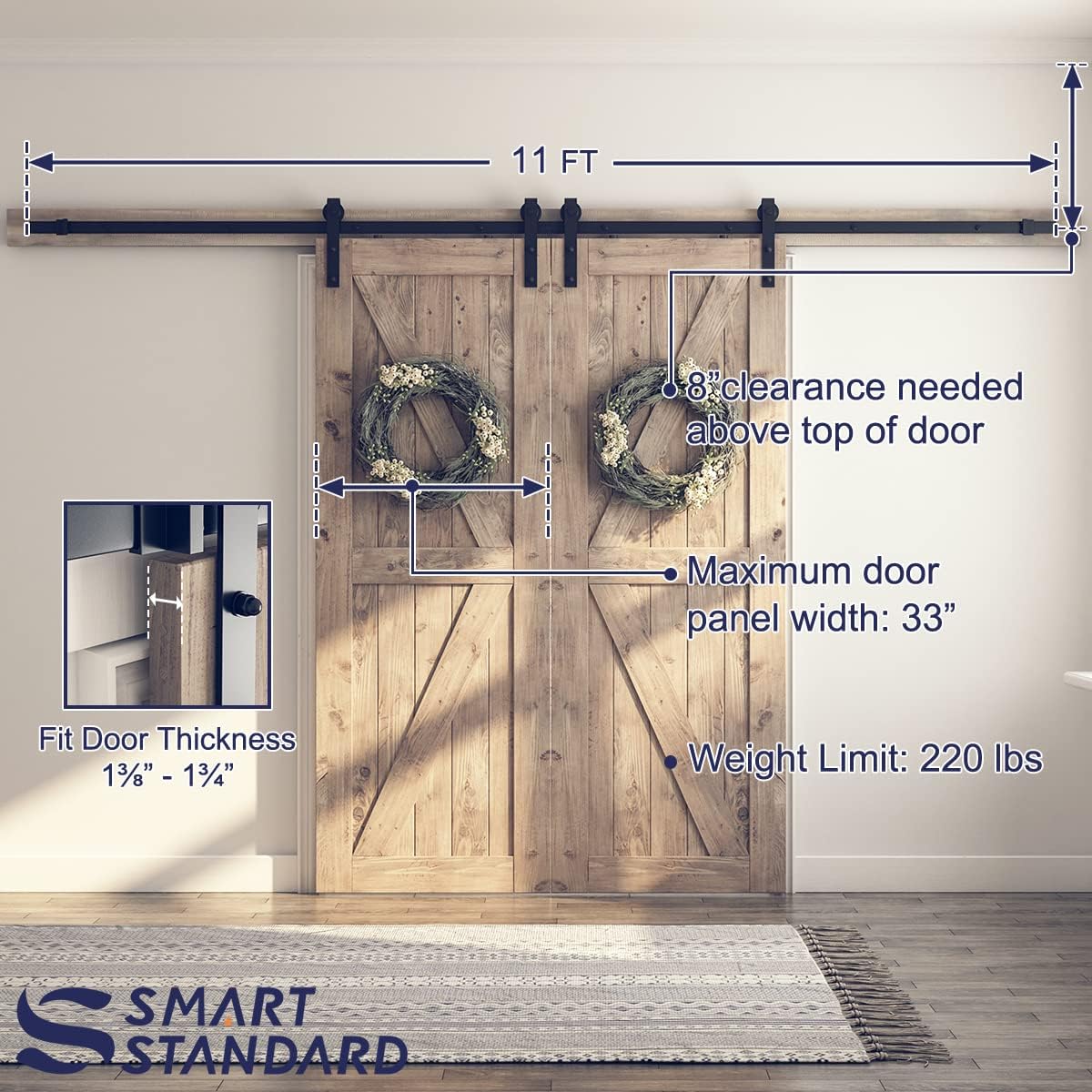 Double Barn Door Hardware Kit, J Shape Hanger