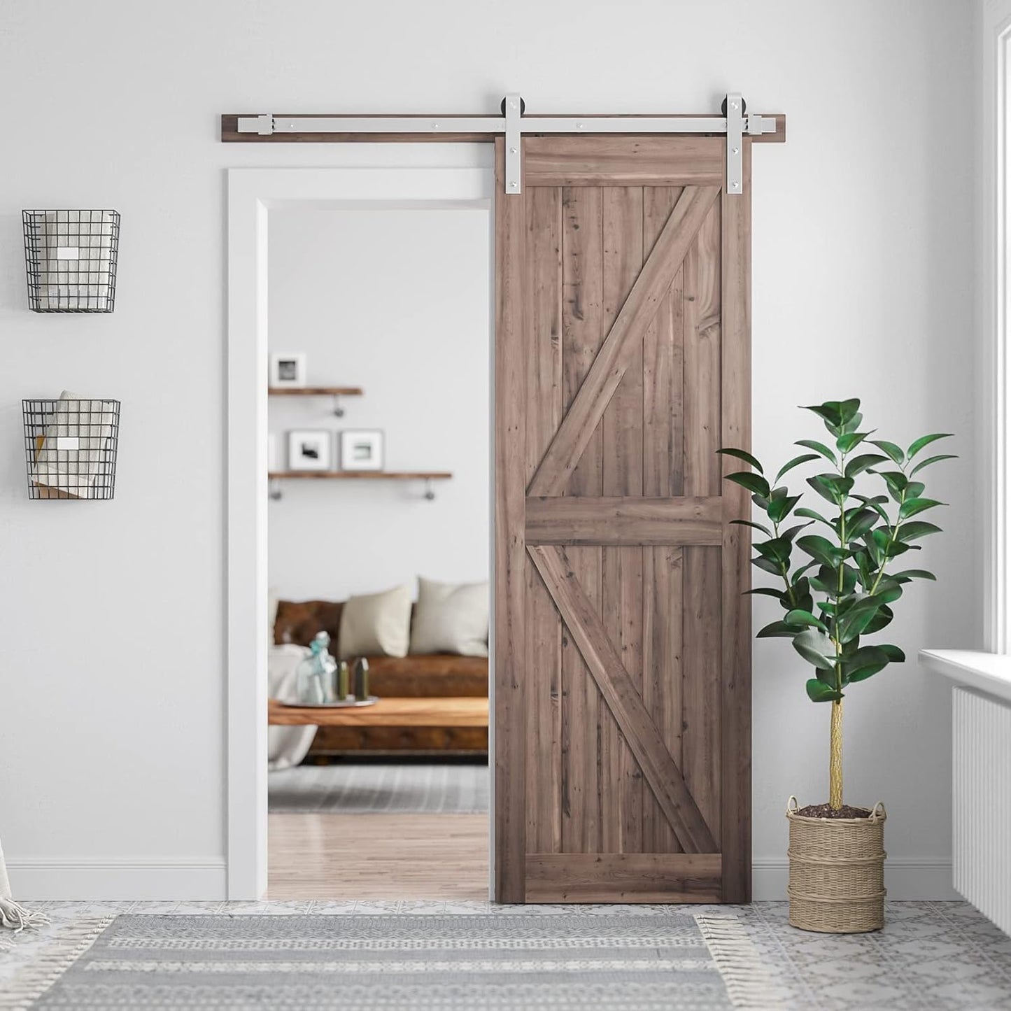 5 Feet Brushed Nickel Barn Door Hardware Kit-Heavy Duty Sliding Track-Smoothly and Quietly-Easy to Install-Fit 30" Wide Door Panel (J Shape Hanger)