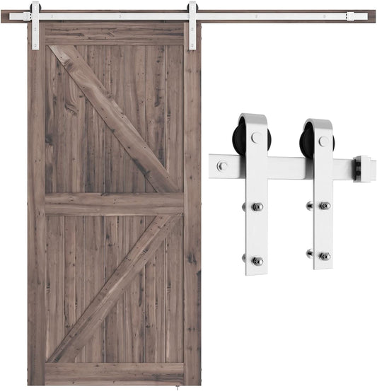 7 Feet Brushed Nickel Barn Door Hardware Kit-Heavy Duty Sliding Track-Smoothly and Quietly-Easy to Install-Fit 42" Wide Door Panel (J Shape Hanger)