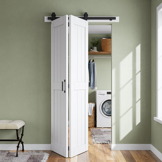 SMARTSTANDARD Bifold Barn Door ,Bi-Fold Sliding Closet Doors with Hardware Kit Included, Track Kit for 2 Doors,Waterproof & Quiet,Pre-Drilled Holes Easy Assembly,White