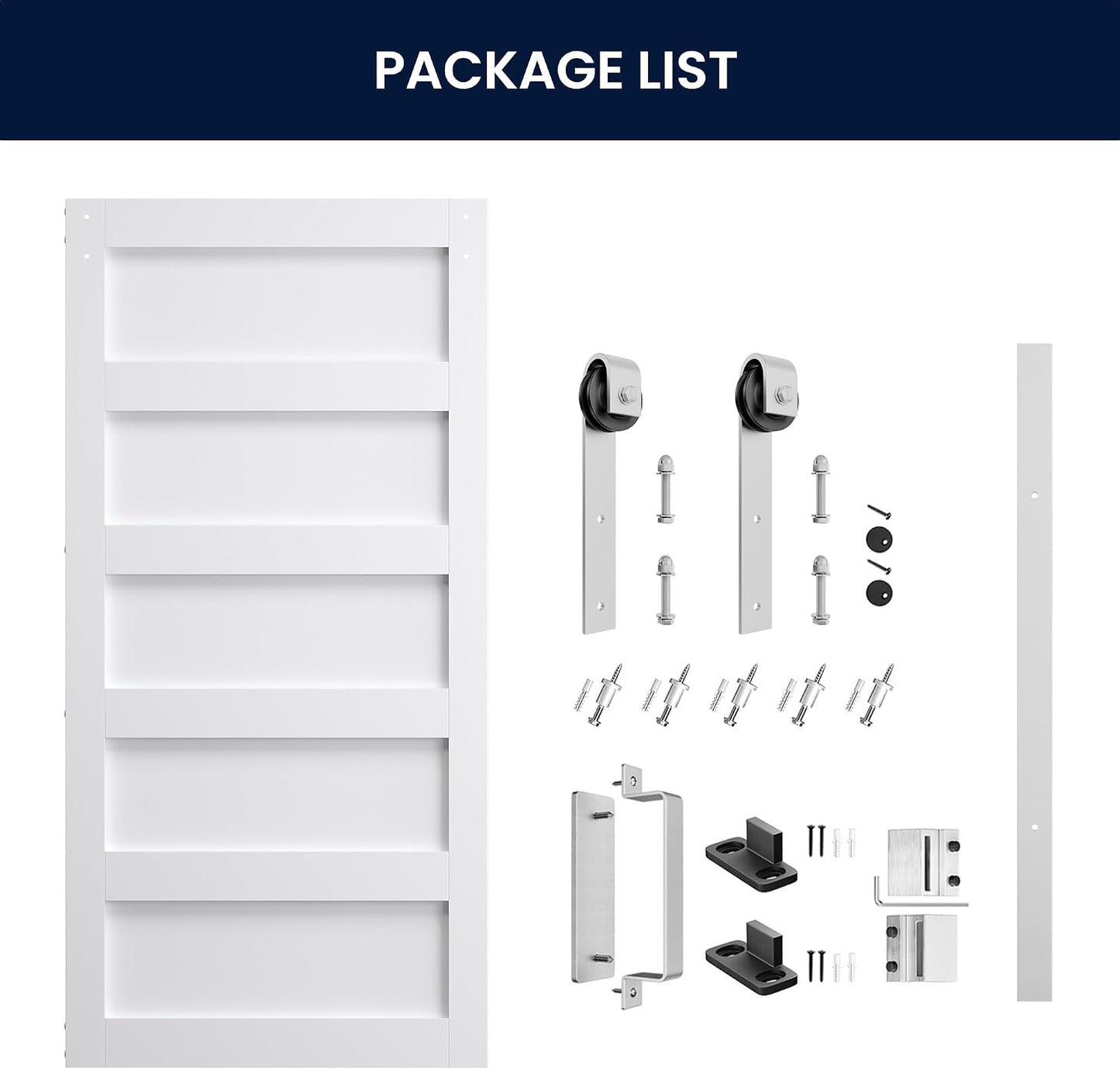 SMARTSTANDARD 42x84 inch White Barn Door with 7FT Silver Hardware Track | Solid MDF Slab, Waterproof PVC Surface, 5-Panel, Suitable for Openings up to 40in x 82in