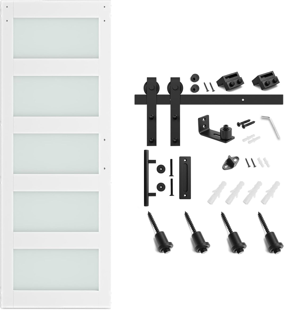 SMARTSTANDARD 32 x 80 in Glass Barn Door with 6FT Sliding Hardware Kit | Pre-Drilled Ready to Assemble, Waterproof PVC Coating, White, 5-Panel Glass