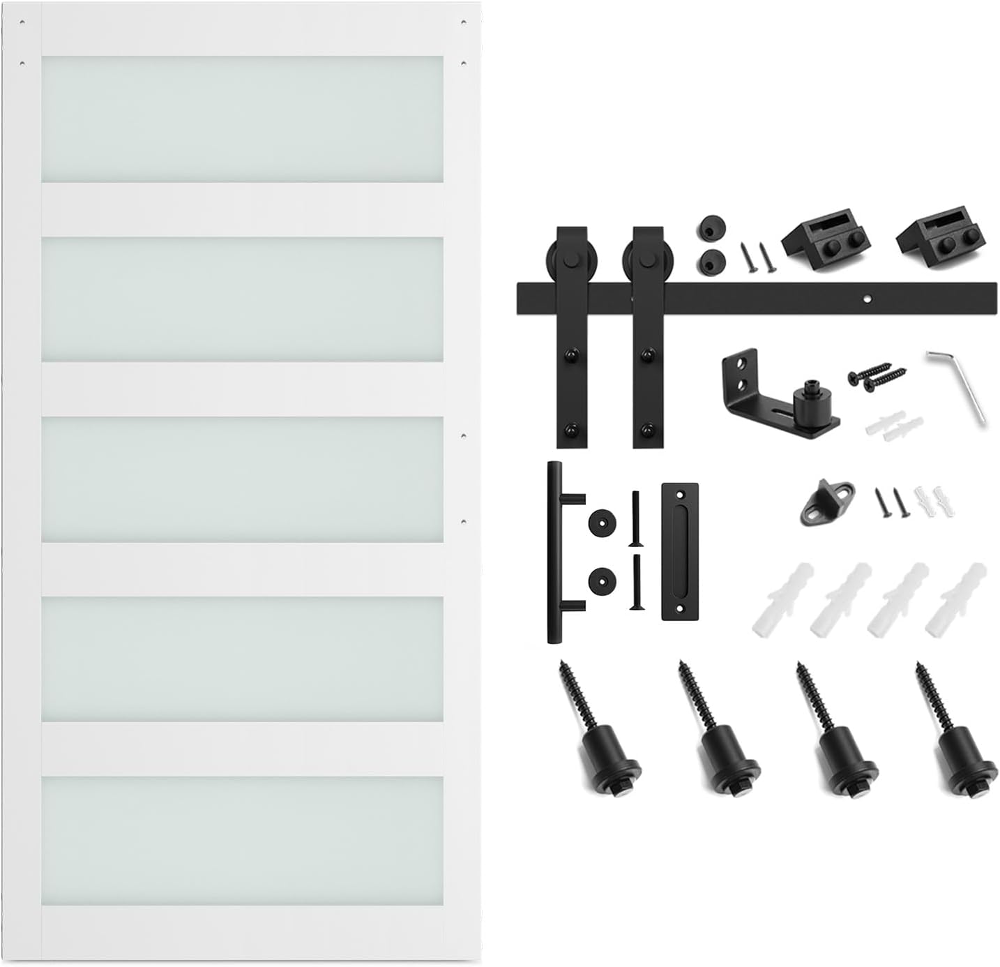 SMARTSTANDARD 42 x 84 in Glass Barn Door with 7FT Sliding Hardware Kit | Pre-Drilled Ready to Assemble, Waterproof PVC Coating, White, 5-Panel Glass