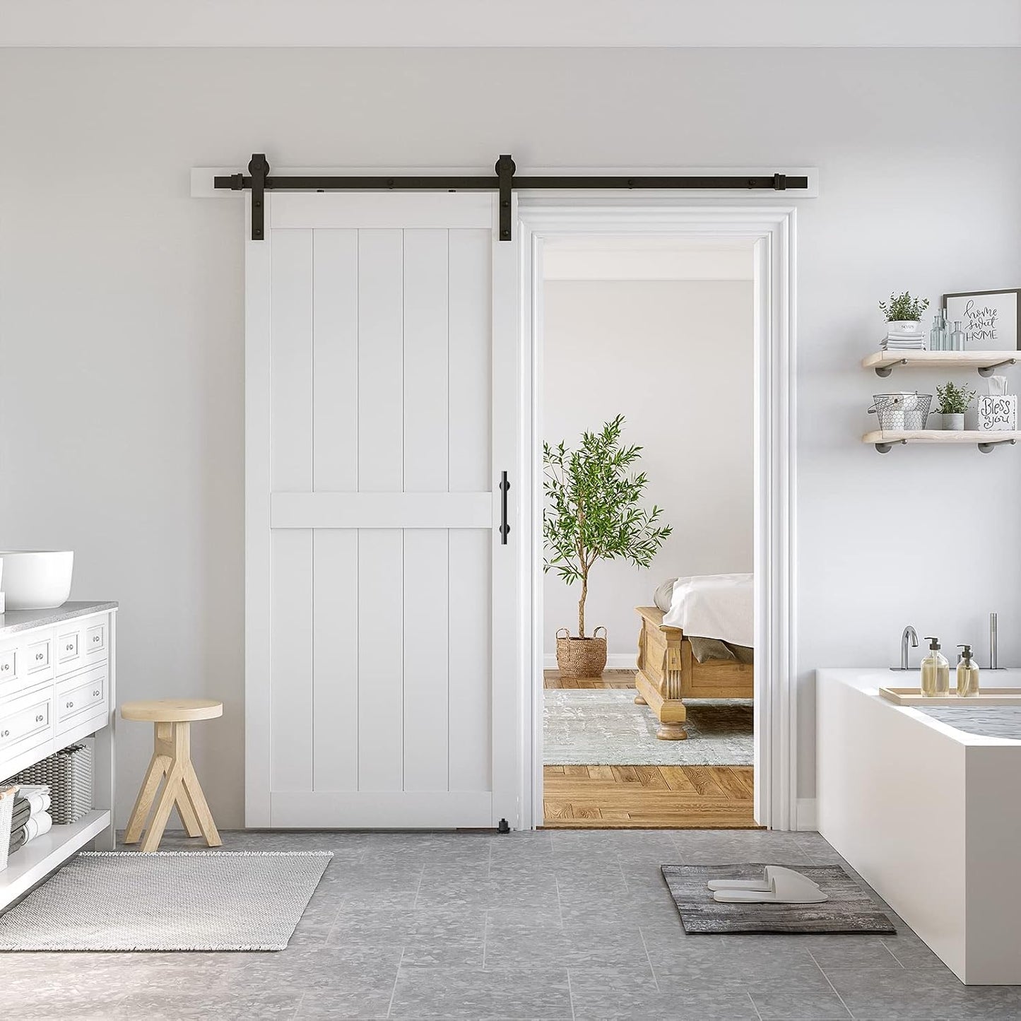 SMARTSTANDARD 38" x 84" White Sliding Barn Door with 6.6FT Black Hardware