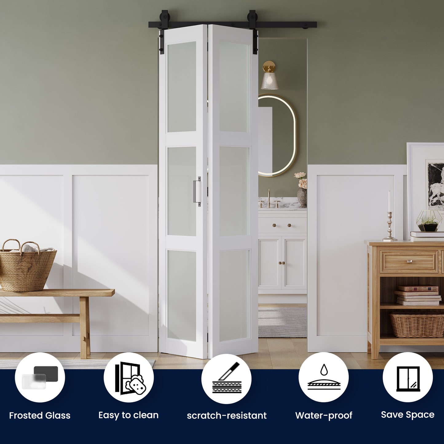 SMARTSTANDARD 24 x 84in Frosted Glass Bifold Barn Door with Hardware Kit | Pre-Drilled Holes Easy Assembly -Solid Barn Doors Slab Covered with Water-Proof PVC Surface, White