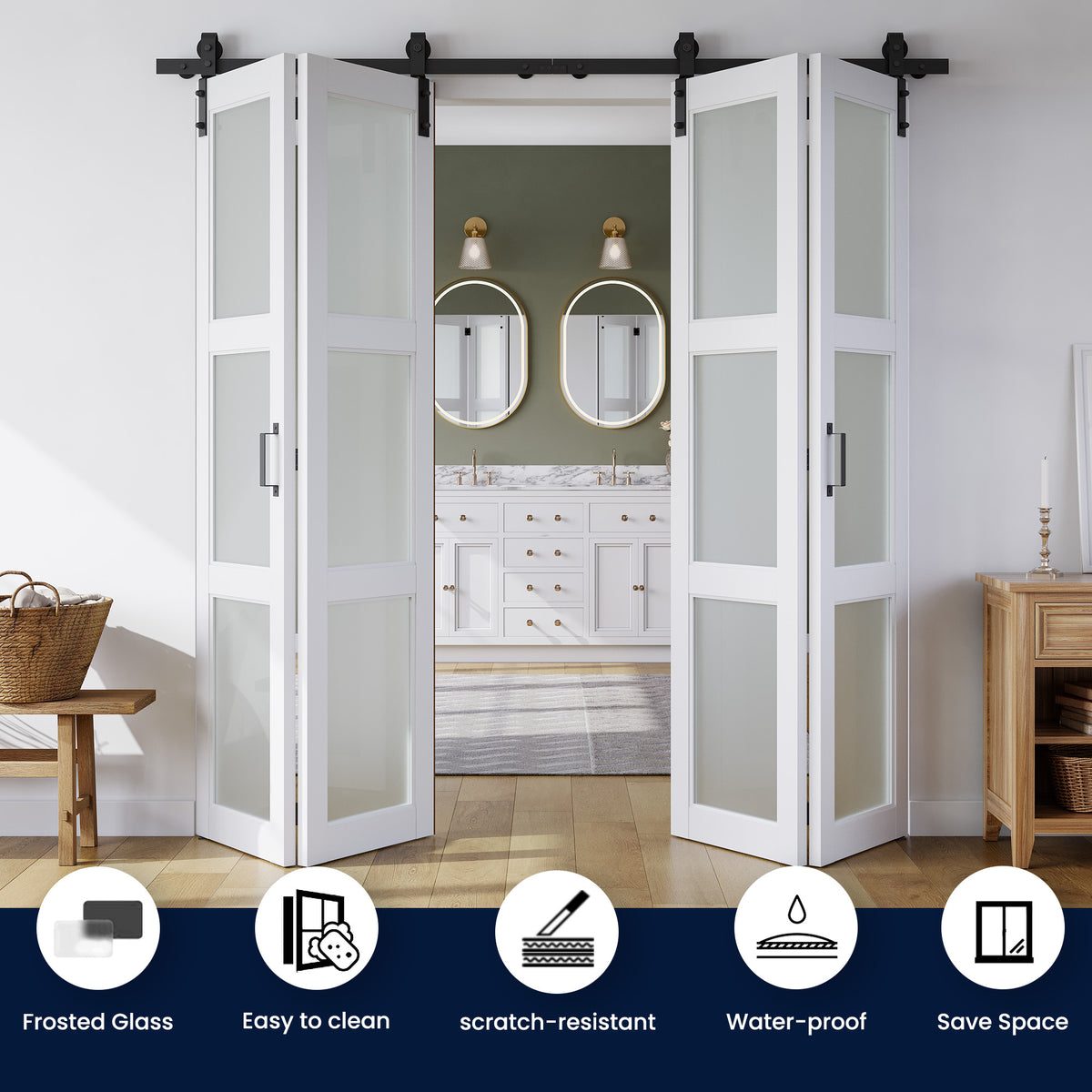 SMARTSTANDARD 60in x 84in Frosted Glass Bifold Barn Door with Hardware Kit，Pre-Drilled Holes Easy Assembly -Solid Barn Doors Slab Covered with Water-Proof PVC Surface, White