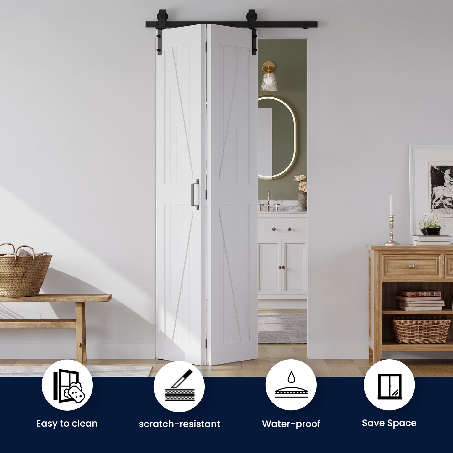 SMARTSTANDARD 30" x 84" Bifold Sliding Barn Door, K Shaped Panel with Sliding Hardware Kit Set, Finished Closet Door Slab, 2.83FT Track for 2 Doors, MDF, White