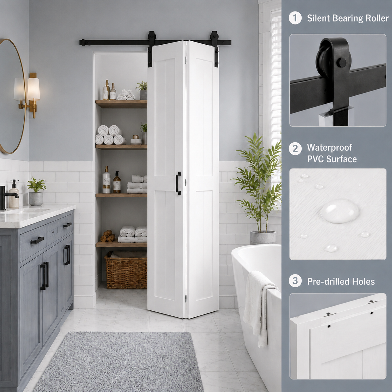 SMARTSTANDARD 56" x 84" H-Shape Bifold Barn Door with Hardware Kits, Double 28" MDF Panels Bi-Fold Closet Doors, Waterproof PVC Surface, Pre-Drilled Folding Doors for Bedroom Pantry