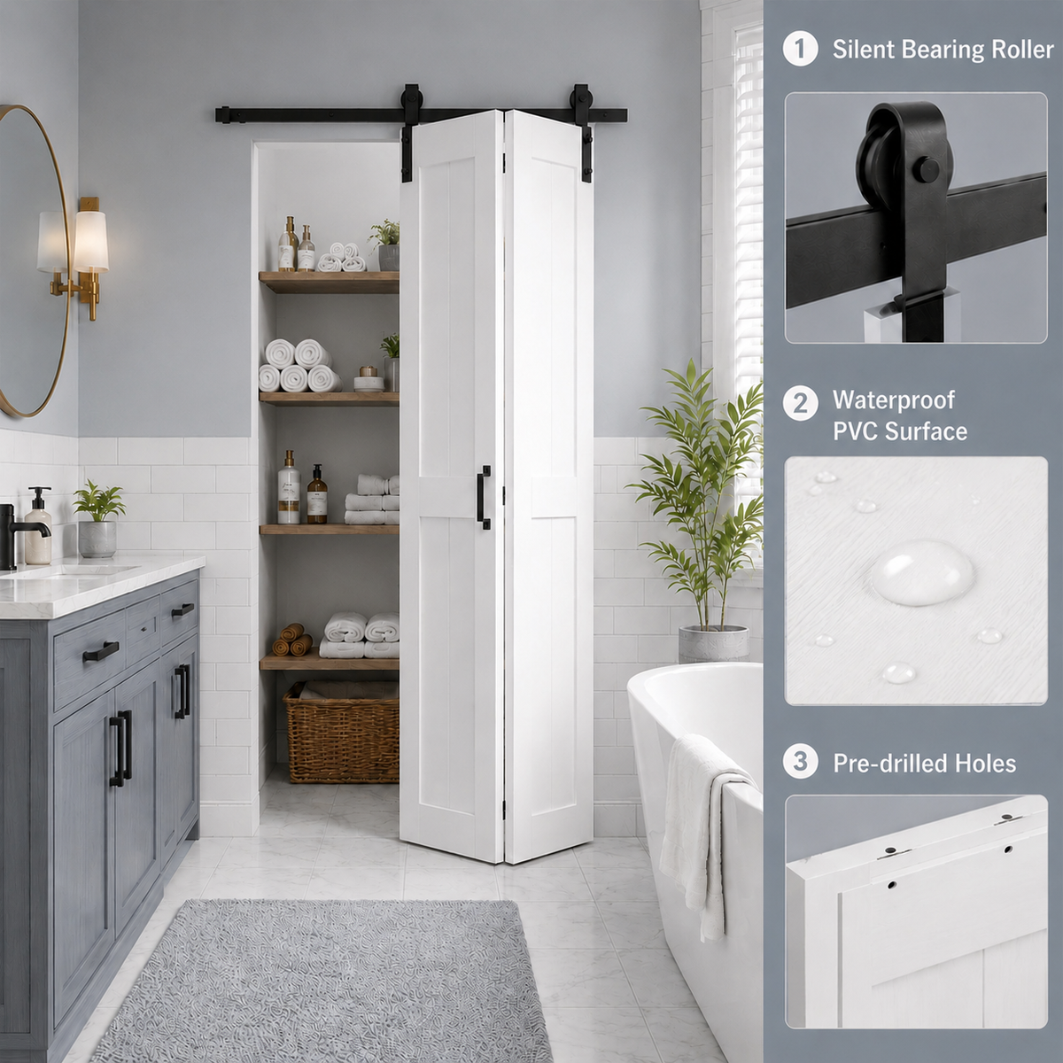 SMARTSTANDARD 24" x 84" (Double 12") Bifold Barn Door, Bi-Fold Sliding Closet Doors with 28" Hardware Track Kit, Waterproof PVC Surface MDF Panels, Pre-Drilled Easy Assembly for Bedroom Pantry, White