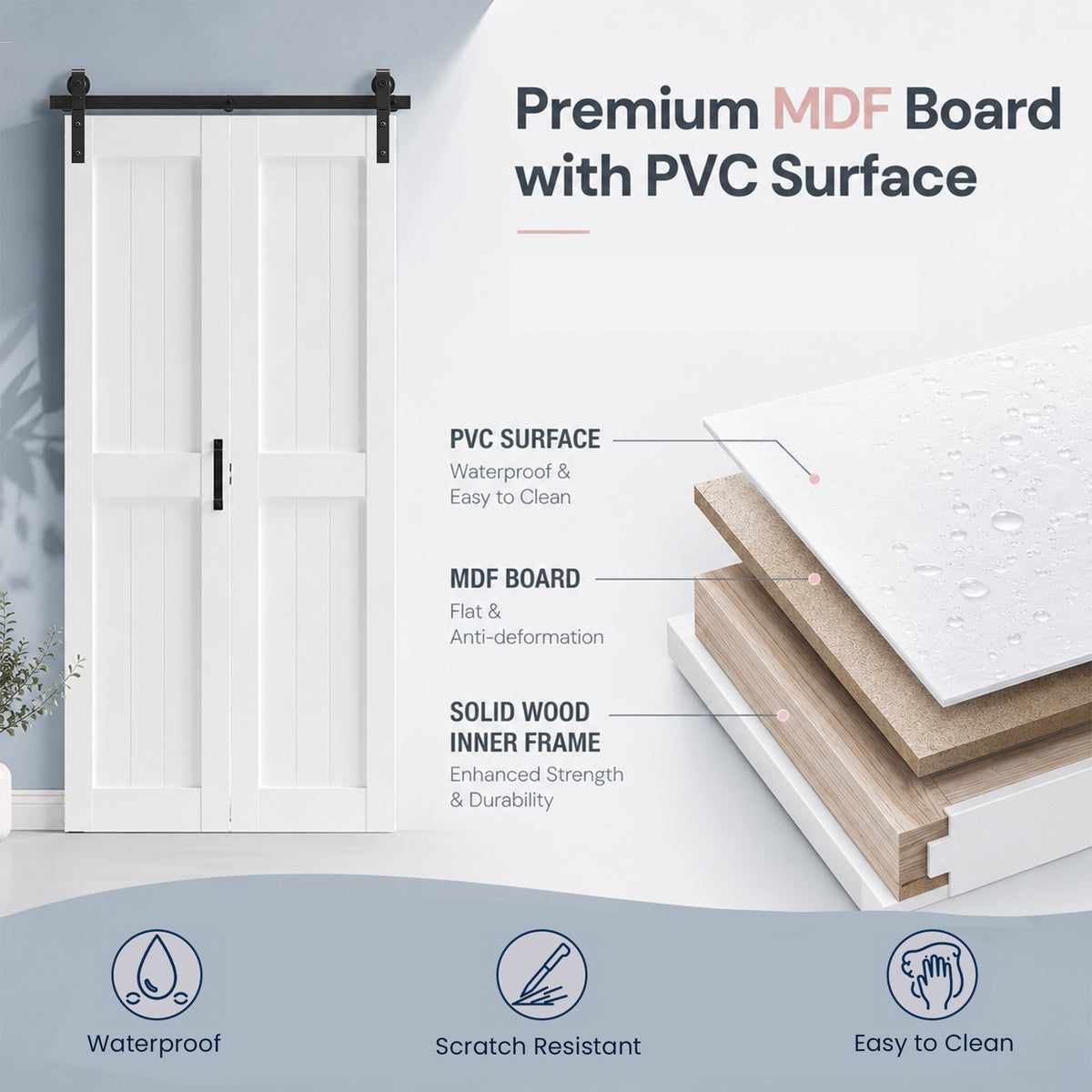 SMARTSTANDARD 24" x 84" (Double 12") Bifold Barn Door, Bi-Fold Sliding Closet Doors with 28" Hardware Track Kit, Waterproof PVC Surface MDF Panels, Pre-Drilled Easy Assembly for Bedroom Pantry, White