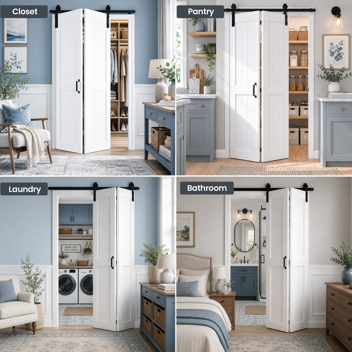 SMARTSTANDARD 24" x 84" (Double 12") Bifold Barn Door, Bi-Fold Sliding Closet Doors with 28" Hardware Track Kit, Waterproof PVC Surface MDF Panels, Pre-Drilled Easy Assembly for Bedroom Pantry, White