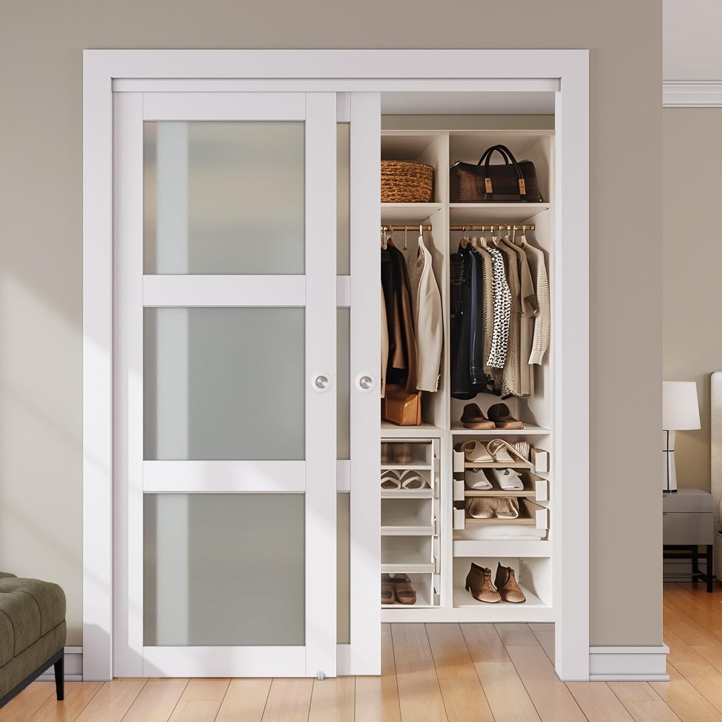 SMARTSTANDARD Sliding Closet Door, 56"×80"(Double Barn Doors 29"), Double Frosted 3 Panel Glass Sliding Door with Hardware Kit, Pre-Drilled Doors Panel, Need to Assemble, MDF with PVC Surface, White