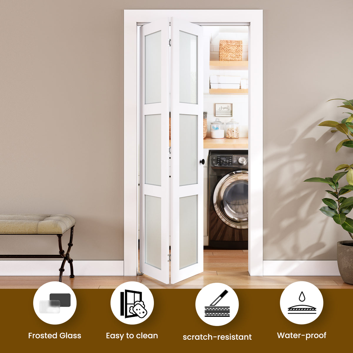 SMARTSTANDARD Bifold Door for 30"x 80" Opening, Tempered Frosted Glass, MDF, Closet Folding Doors with Hardware kit Included, White, Water-Proof PVC Surface, Easy Install, Space-Saving