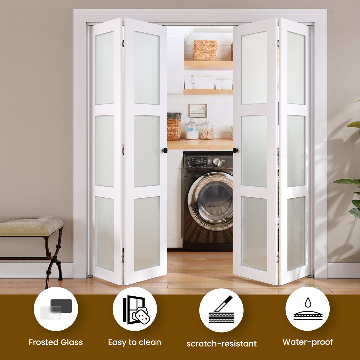 SMARTSTANDARD Bifold Door for 56" x 80-3/4" Opening, Tempered Frosted Glass, Closet Folding Doors with Hardware kit Included, White, Water-Proof PVC Surface, Easy Install, Space-Saving