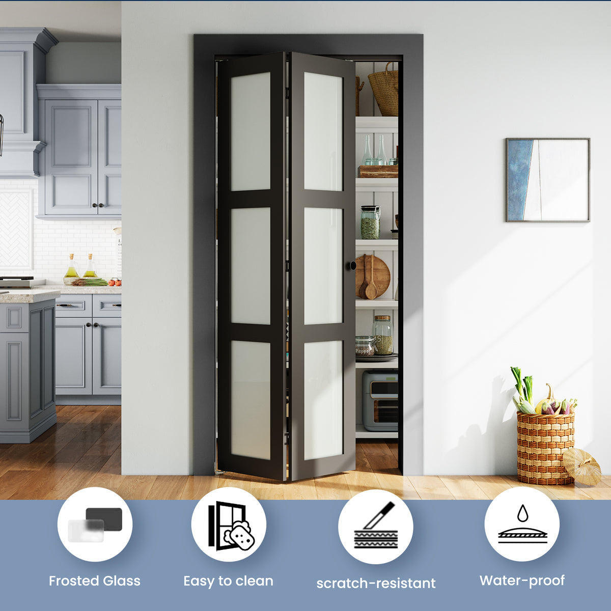 SMARTSTANDARD 24" x 80 Bifold Closet Door, Tempered Frosted Glass, Black, MDF, with Bi-fold Door Hardware Kit Included, Preassembled Panel, Water-Proof PVC Surface, Easy Install, Space-Saving