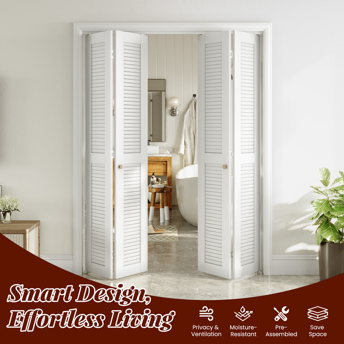 SMARTSTANDARD 56" x 80" Louvered Bifold Closet Door, MDF, White, Pre-Assembled Folding Doors with Hardware Kit, Easy Installation for Bedroom Pantry, Water-Proof PVC Surface, Space-Saving