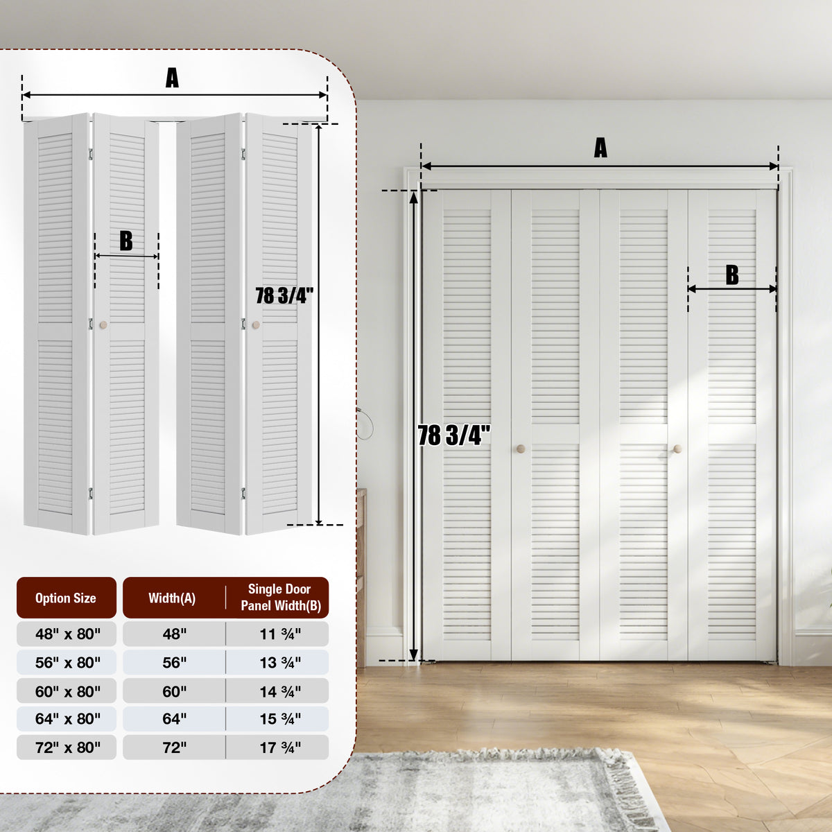 SMARTSTANDARD 56" x 80" Louvered Bifold Closet Door, MDF, White, Pre-Assembled Folding Doors with Hardware Kit, Easy Installation for Bedroom Pantry, Water-Proof PVC Surface, Space-Saving