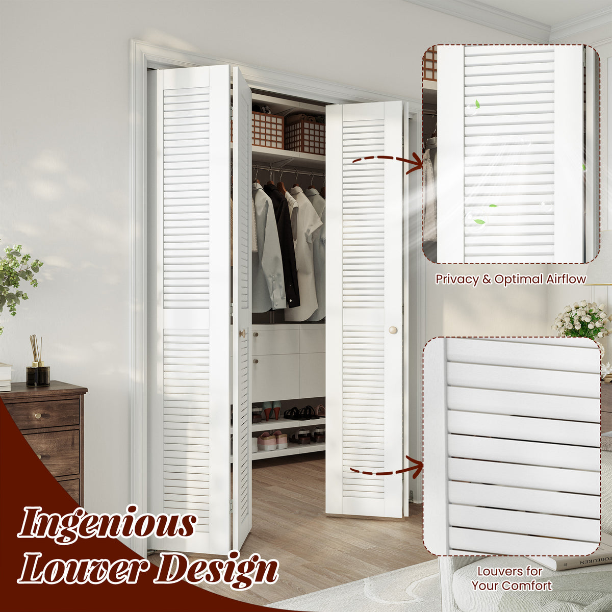 SMARTSTANDARD 56" x 80" Louvered Bifold Closet Door, MDF, White, Pre-Assembled Folding Doors with Hardware Kit, Easy Installation for Bedroom Pantry, Water-Proof PVC Surface, Space-Saving