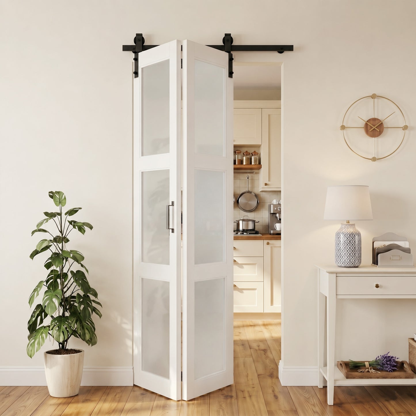 SMARTSTANDARD 32" x 84" Bifold Barn Door, 3-Lite Frosted Glass Panels | Double 16" MDF Folding Door, Hardware Kit Included, Bi-fold Closet Barn Doors for Bedrooms, Pantry, Pre-Drilled, Easy Install
