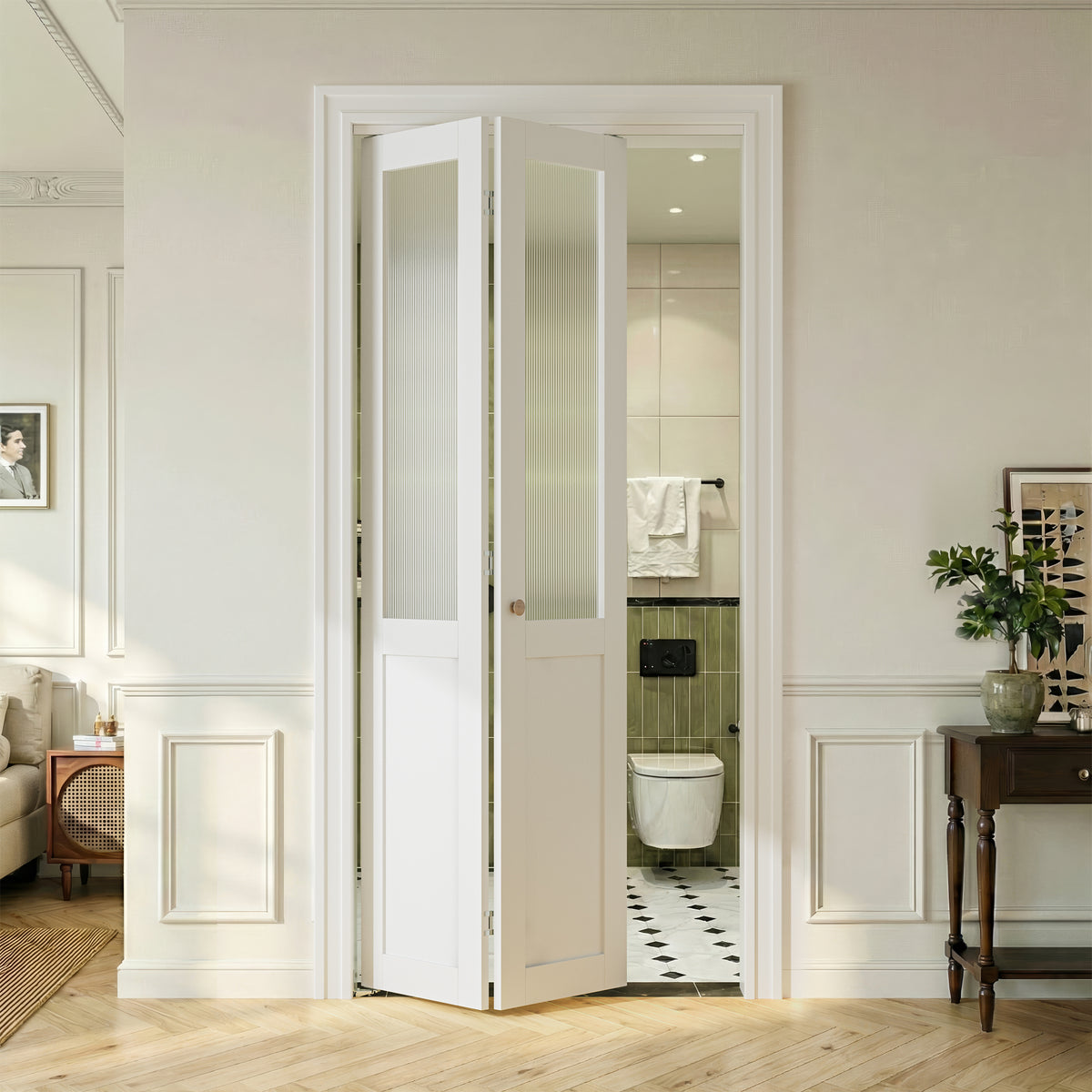 SMARTSTANDARD 24" x 80" Reeded Glass Bifold Closet Doors, Preassembled, MDF, Water-Proof PVC Surface, Half Tempered Glass with Hardware Kit, White Interior Slab for Kitchen, Closet, Pantry, White
