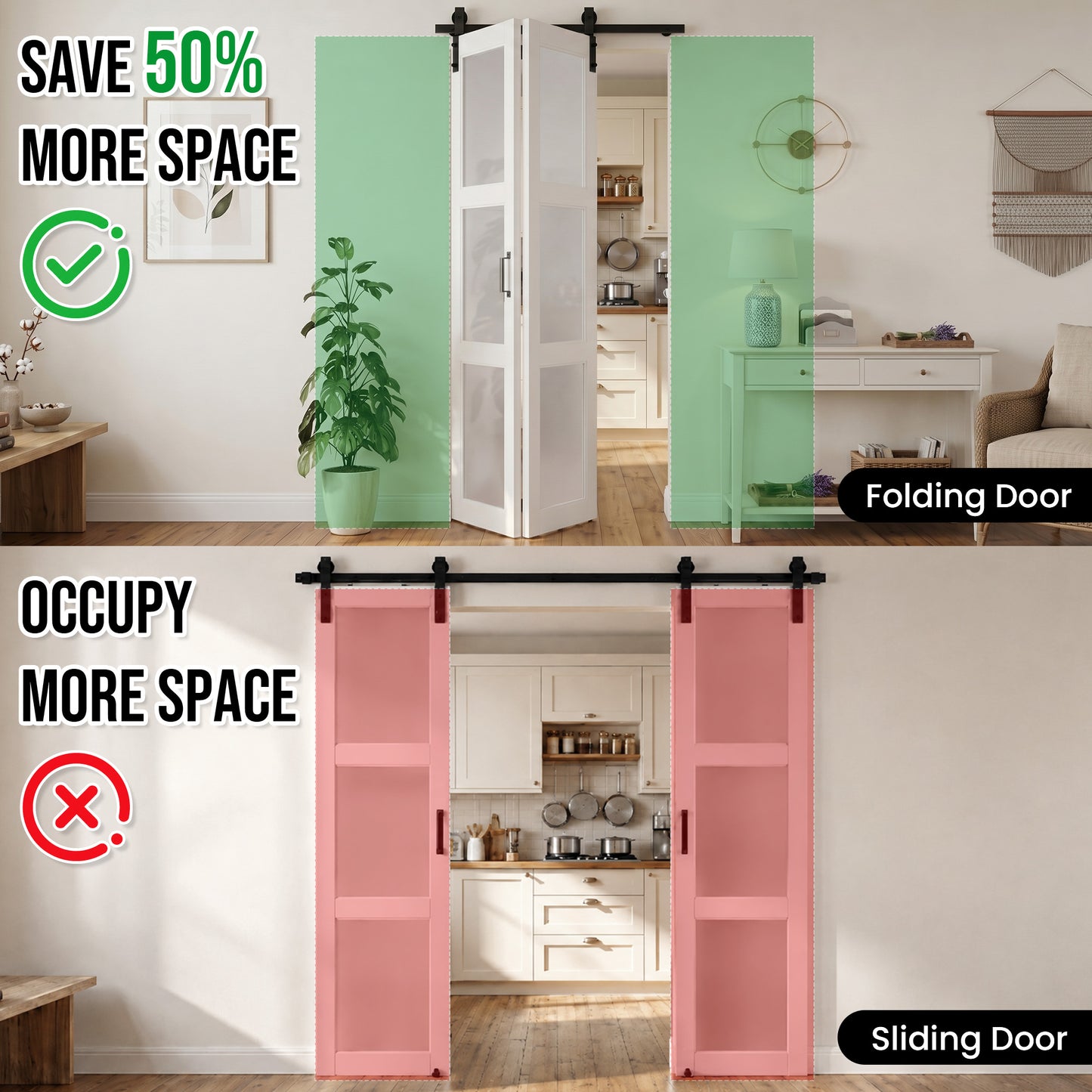 SMARTSTANDARD 32" x 84" Bifold Barn Door, 3-Lite Frosted Glass Panels | Double 16" MDF Folding Door, Hardware Kit Included, Bi-fold Closet Barn Doors for Bedrooms, Pantry, Pre-Drilled, Easy Install
