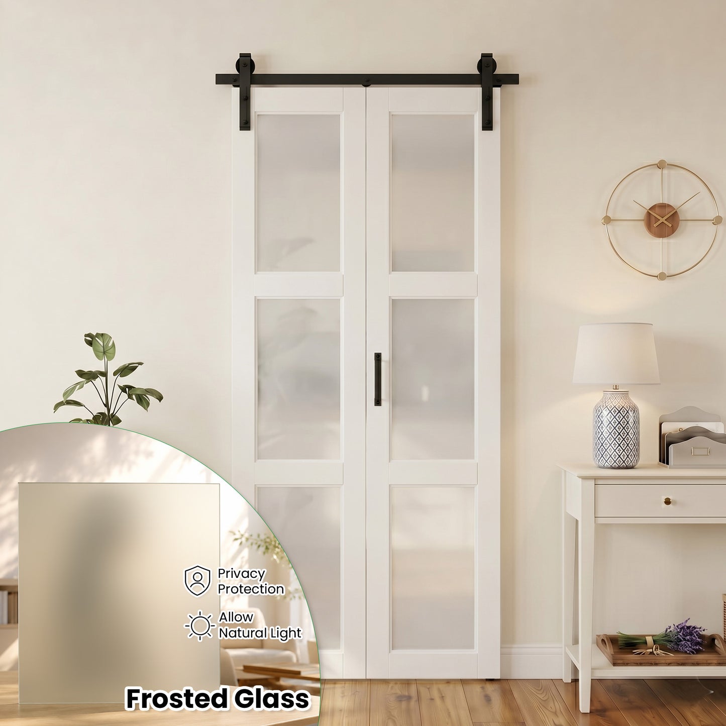 SMARTSTANDARD 36" x 84" Bifold Barn Door, 3-Lite Frosted Glass Panels | Double 18" MDF Folding Door, Hardware Kit Included, Bi-fold Closet Barn Doors for Bedrooms, Pantry, Pre-Drilled, Easy Install
