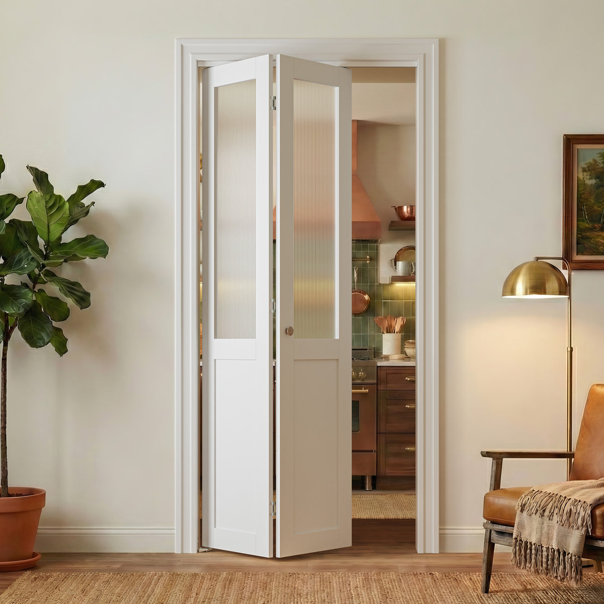 SMARTSTANDARD 24" x 80" Reeded Glass Bifold Closet Doors, Preassembled, MDF, Water-Proof PVC Surface, Half Tempered Glass with Hardware Kit, White Interior Slab for Kitchen, Closet, Pantry, White