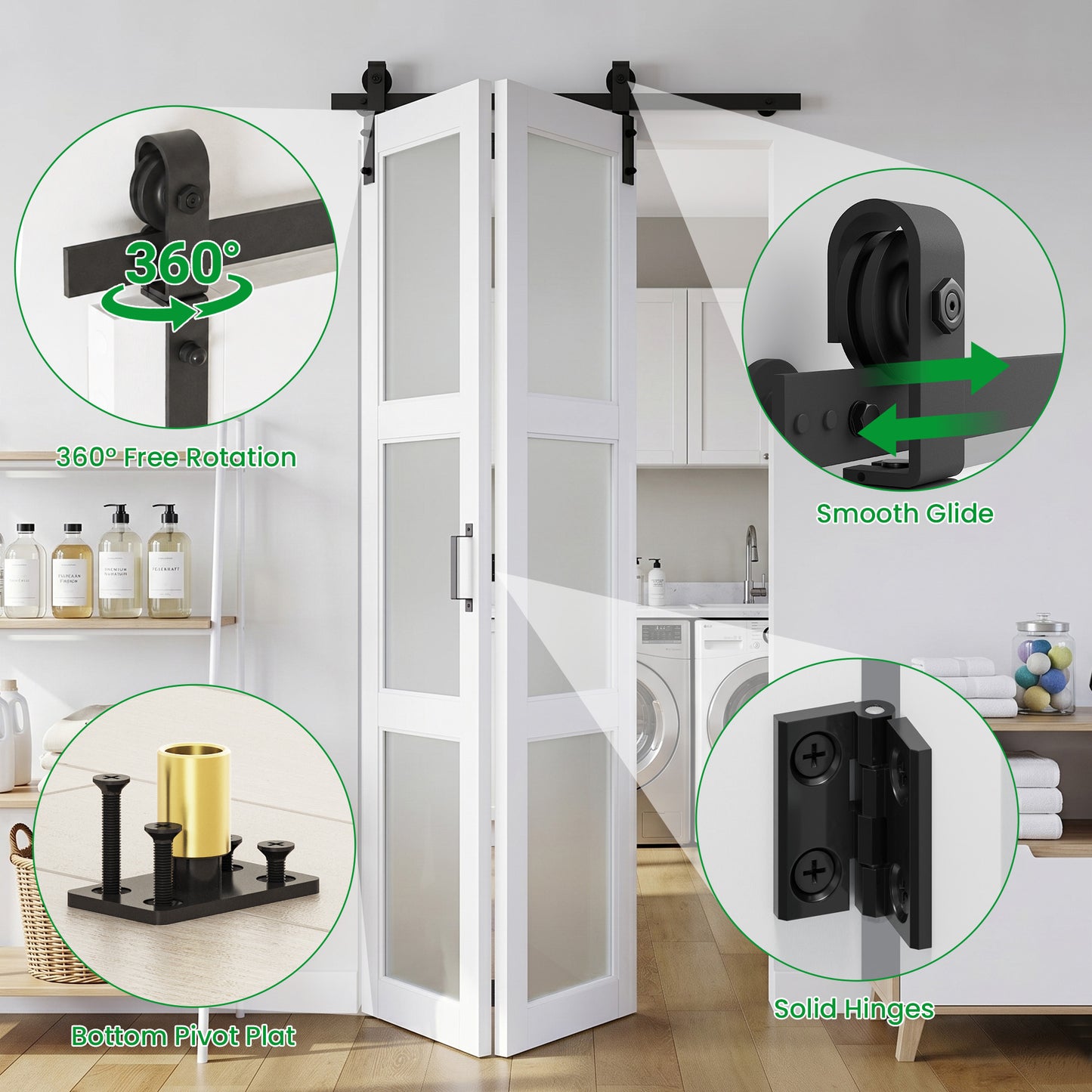 SMARTSTANDARD 28" x 84" (Double 14") Bifold Barn Door with Hardware Kit | MDF Bifold Closet Doors, 3-Lite Frosted Glass Panels, Pre-Drilled, Waterproof PVC Coated Folding Door for Pantry, Bedroom