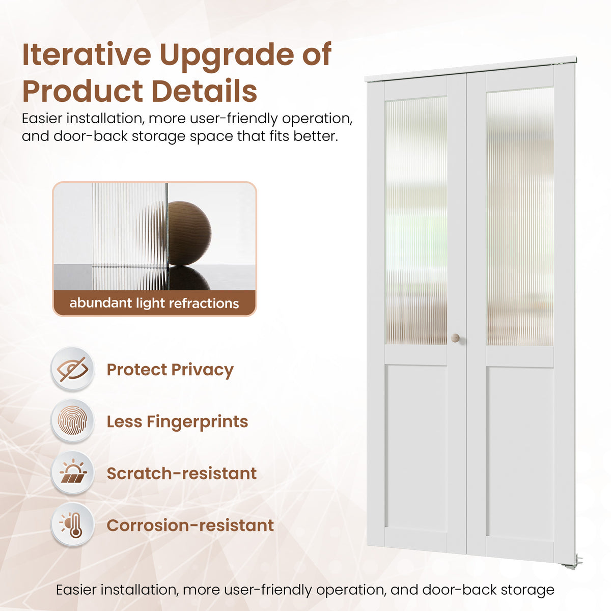 SMARTSTANDARD 24" x 80" Reeded Glass Bifold Closet Doors, Preassembled, MDF, Water-Proof PVC Surface, Half Tempered Glass with Hardware Kit, White Interior Slab for Kitchen, Closet, Pantry, White