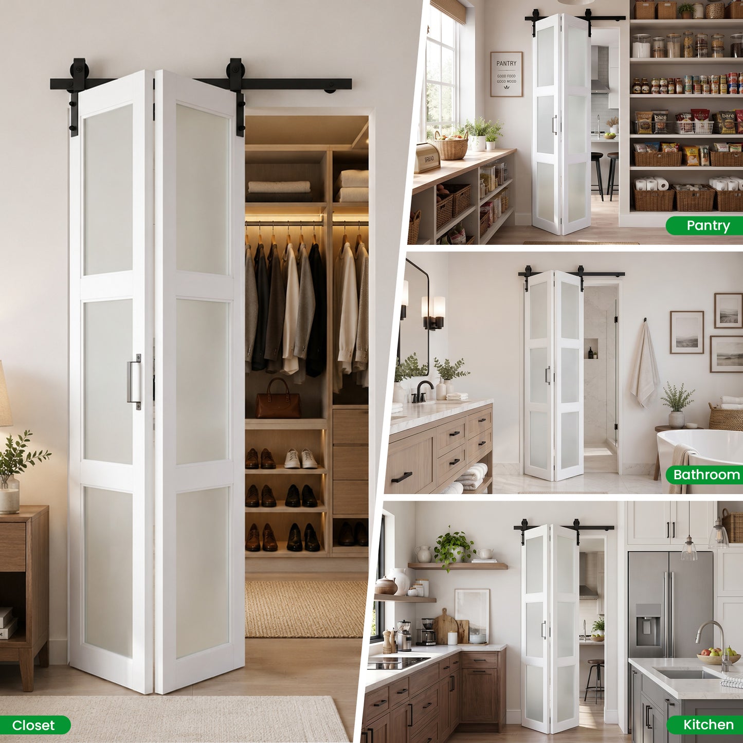 SMARTSTANDARD 32" x 84" Bifold Barn Door, 3-Lite Frosted Glass Panels | Double 16" MDF Folding Door, Hardware Kit Included, Bi-fold Closet Barn Doors for Bedrooms, Pantry, Pre-Drilled, Easy Install