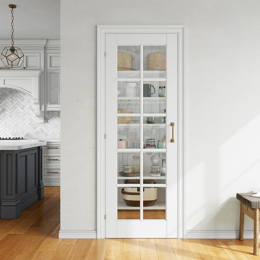 28" x 80" Clear Glass French Interior Door Slab, 10-Lite Glass Pantry Door for Bathroom Laundry Closet Pocket, Solid Core Pre-Assembled Panel Without Hardware, White