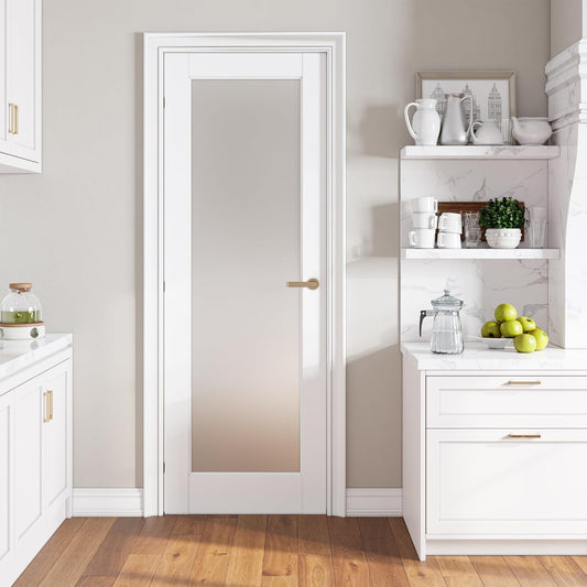SMARTSTANDARD 28" x 80" French Interior Door, Tempered Frosted Glass Slab Door for Pantry French Pocket, Solid Core Interior Door Without Hardware Kit, White