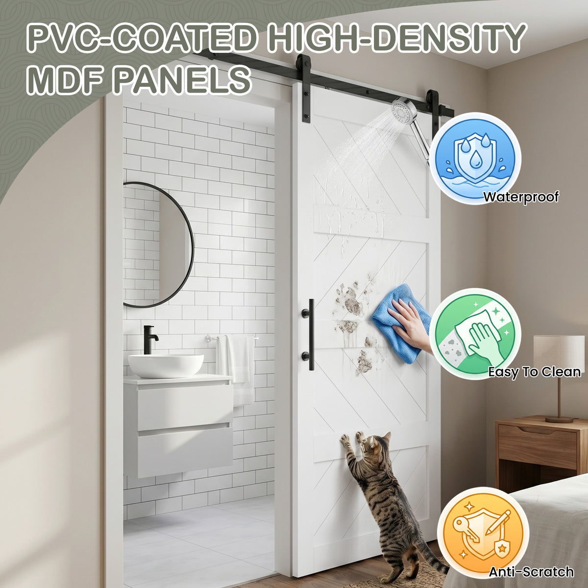 COSHOMER 32x84in White Sliding Barn Door Hardware Kit, Modern Paneled Wave Design