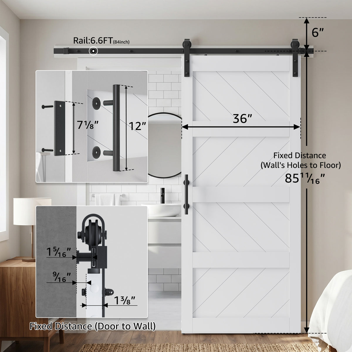COSHOMER 36x84in White Sliding Barn Door Hardware Kit, Modern Paneled Wave Design