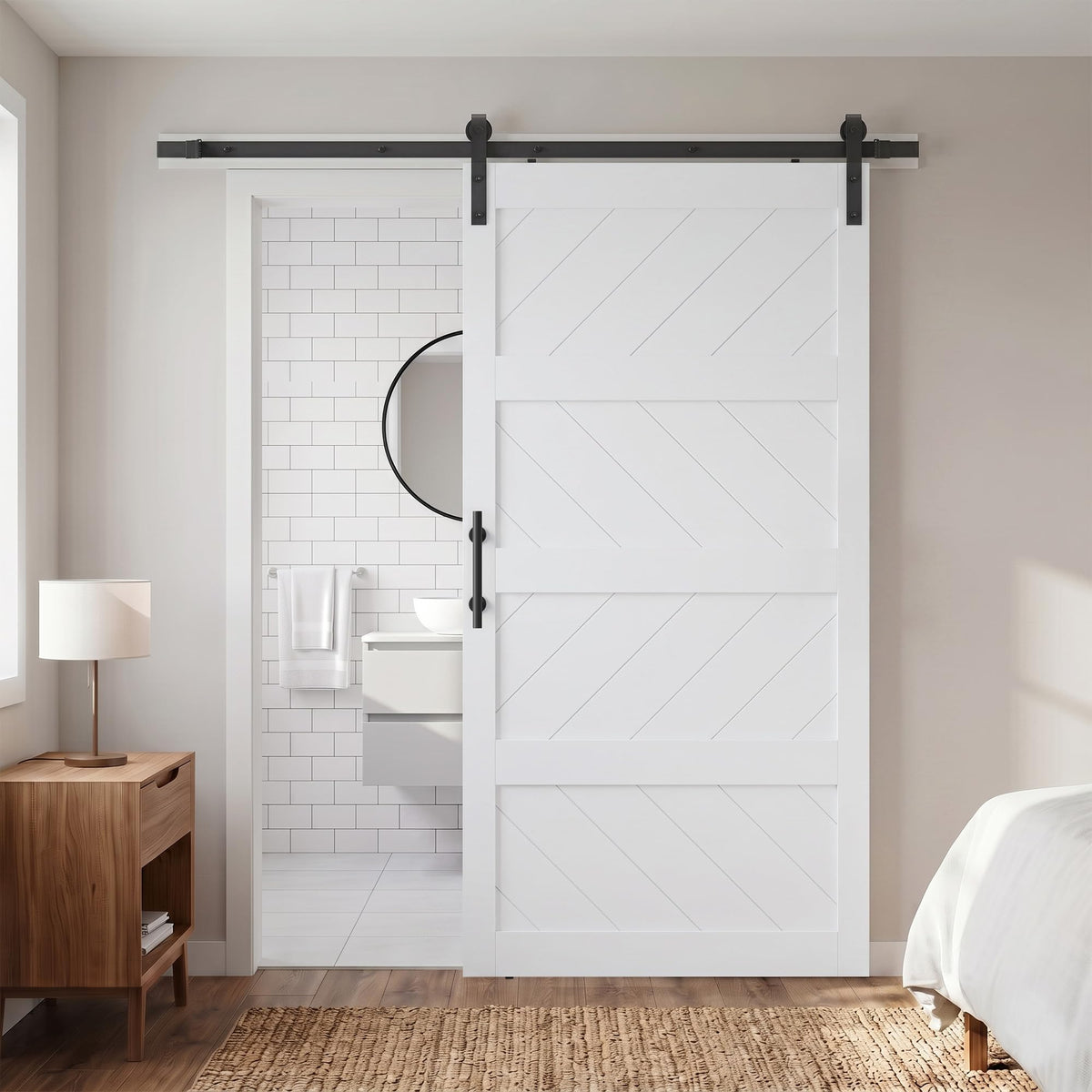 COSHOMER 42x84in White Sliding Barn Door Hardware Kit, Modern Paneled Wave Design