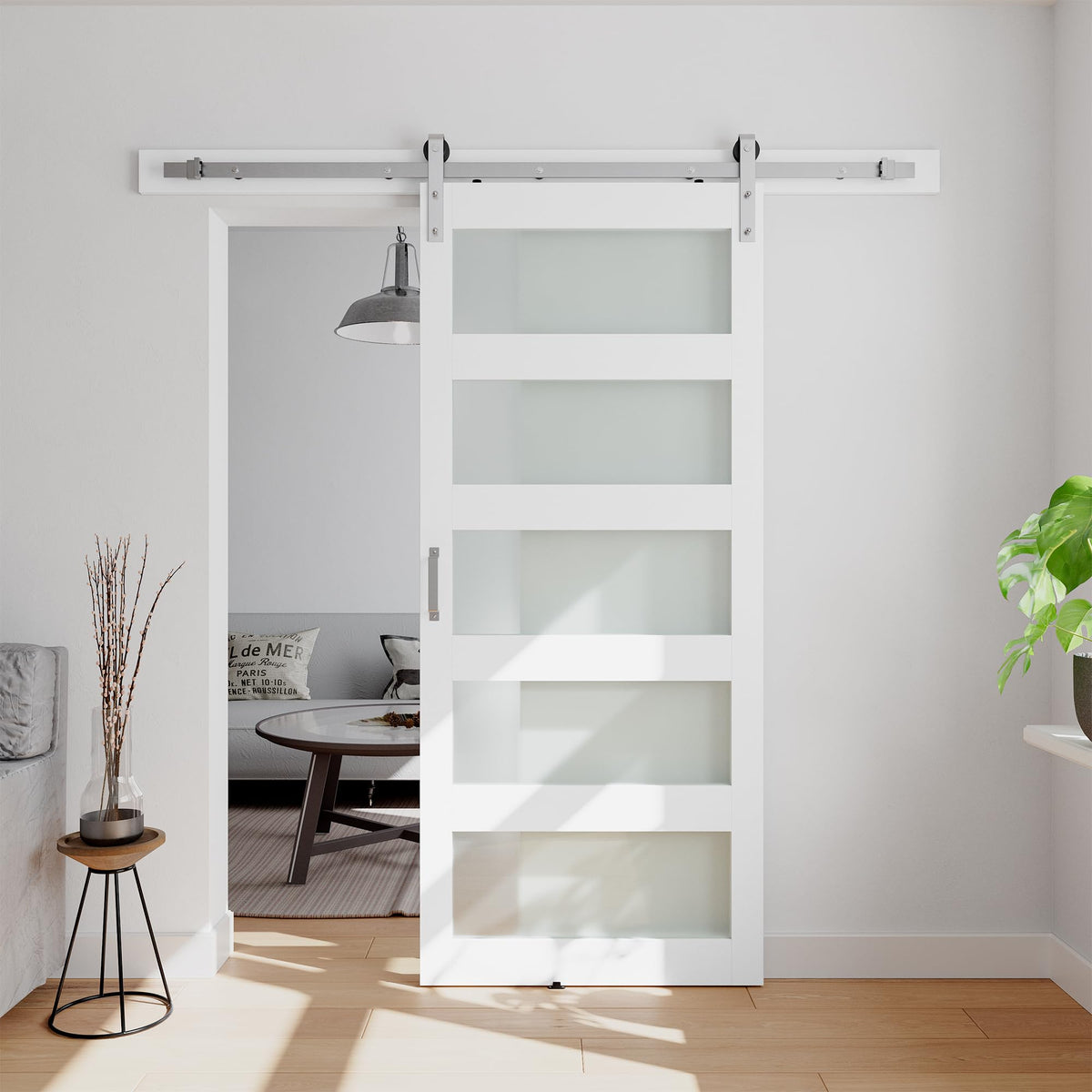 COSHOMER 38in x 84in White Sliding Glass Barn Door with 5-Panel Frosted Glass