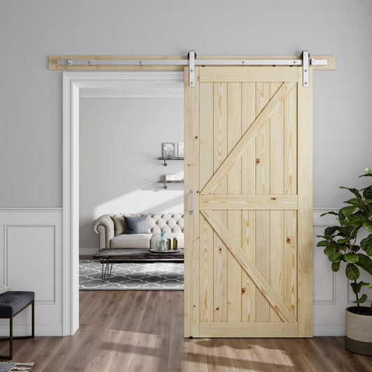 SMARTSTANDARD 40in x 84in Sliding Barn Door with Brushed Nickel Hardware | 7FT Track Kit & Handle, Assembly is Required, DIY Unfinished Solid Spruce Wood Panelled Slab, K-Frame