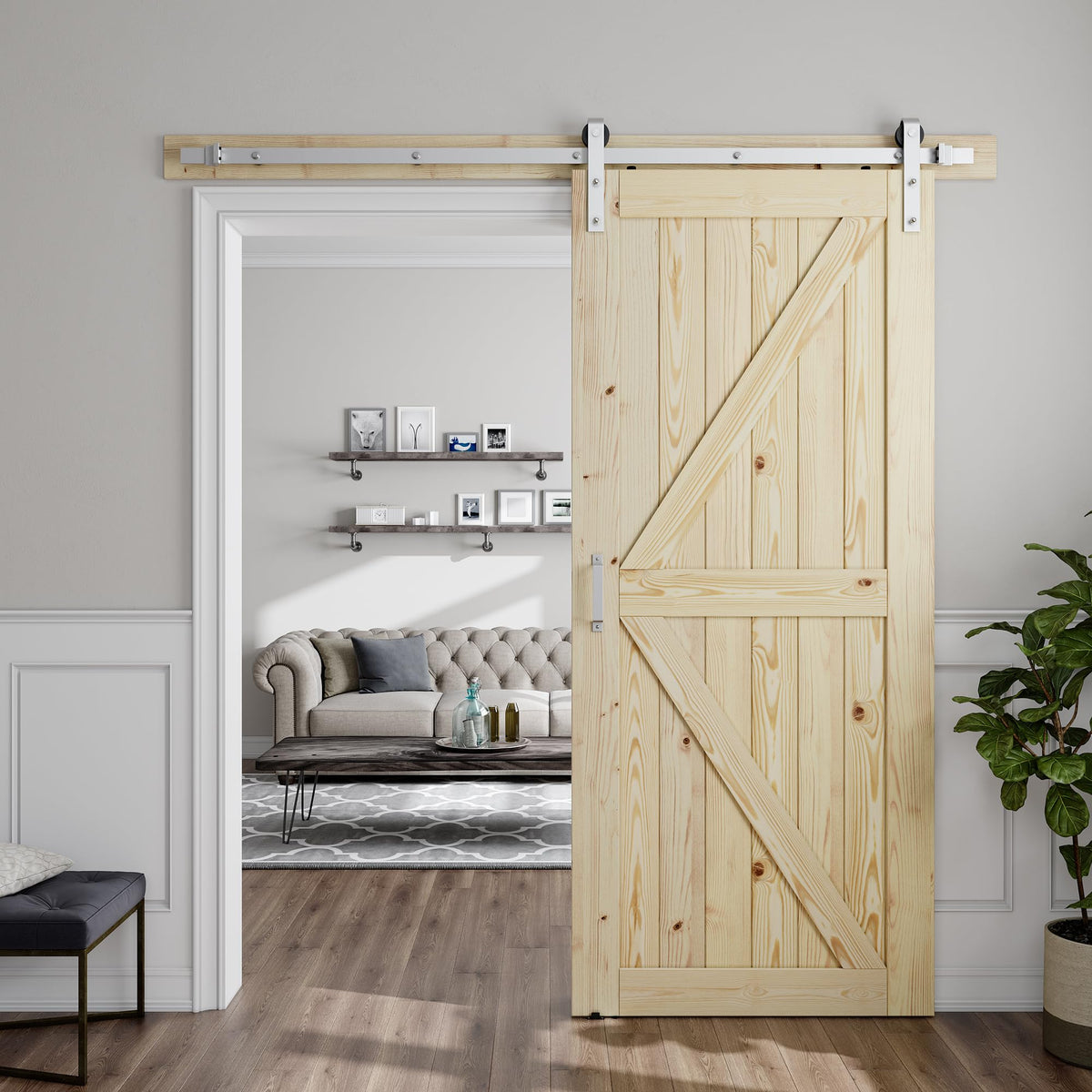 SMARTSTANDARD 36in x 80in Sliding Barn Door with Brushed Nickel Hardware 6.6FT Track Kit & Handle, Assembly is Required, DIY Unfinished Solid Spruce Wood Panelled Slab, K-Frame