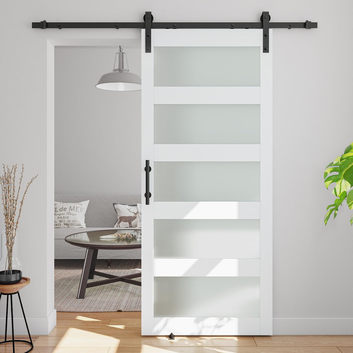 COSHOMER 38in x 84in 5-Panel Sliding Glass Barn Door with 6.6ft Hardware Kit