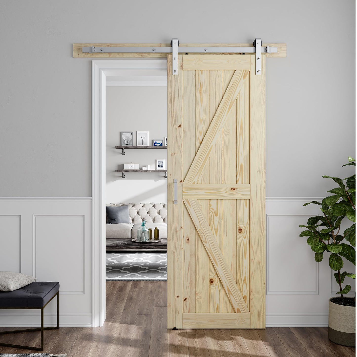 SMARTSTANDARD 30in x 80in Sliding Barn Door with Brushed Nickel Hardware | 5FT Track Kit & Handle, Assembly is Required, DIY Unfinished Solid Spruce Wood Panelled Slab, K-Frame