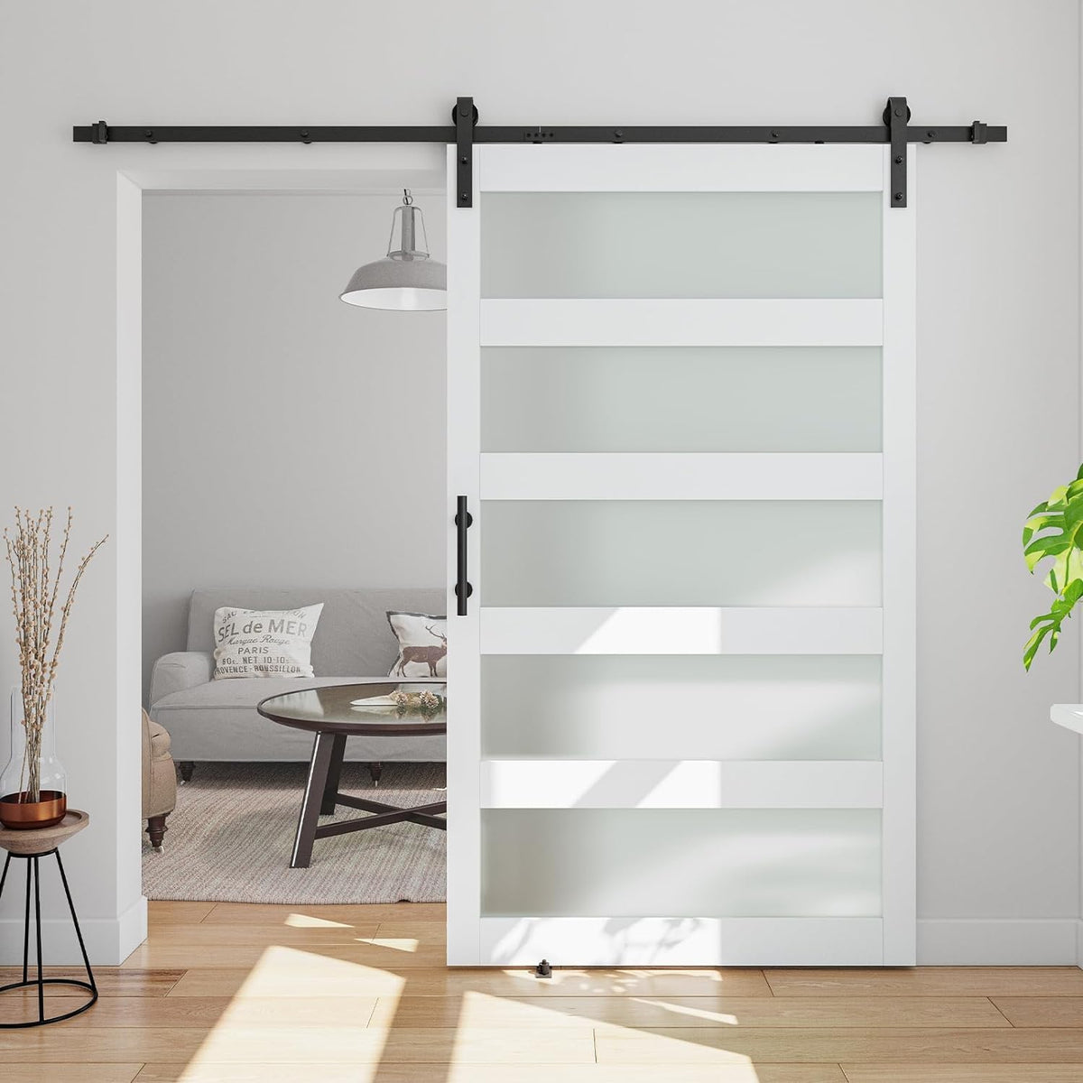 COSHOMER 42in x 96in 5-Panel Sliding Glass Barn Door with 7ft Hardware Kit