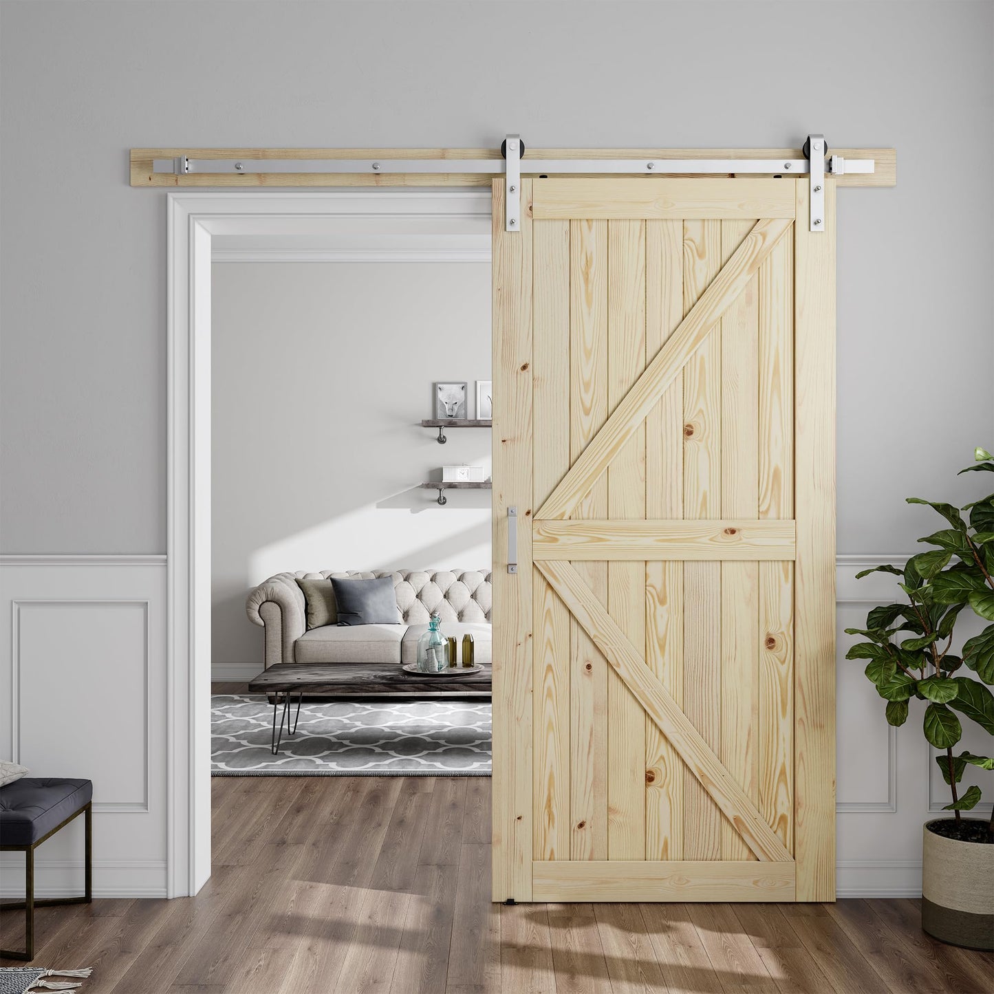 SMARTSTANDARD 42in x 80in Sliding Barn Door with Brushed Nickel Hardware | 7FT Track Kit & Handle, Assembly is Required, DIY Unfinished Solid Spruce Wood Panelled Slab, K-Frame