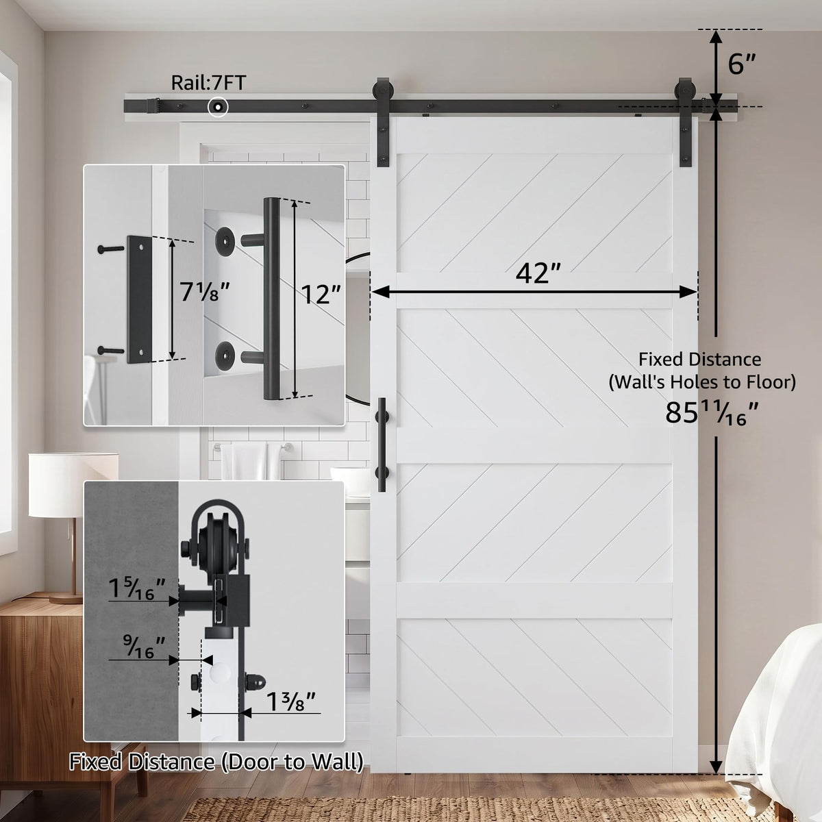 COSHOMER 42x84in White Sliding Barn Door Hardware Kit, Modern Paneled Wave Design