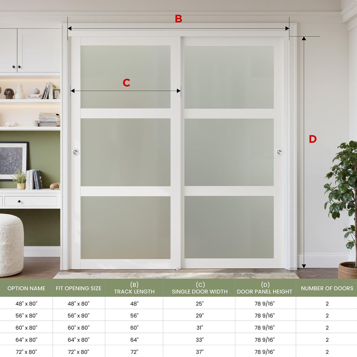 SMARTSTANDARD Sliding Closet Barn Door 60x80 Inch(Double 31")with 3-Lite Frosted Glass