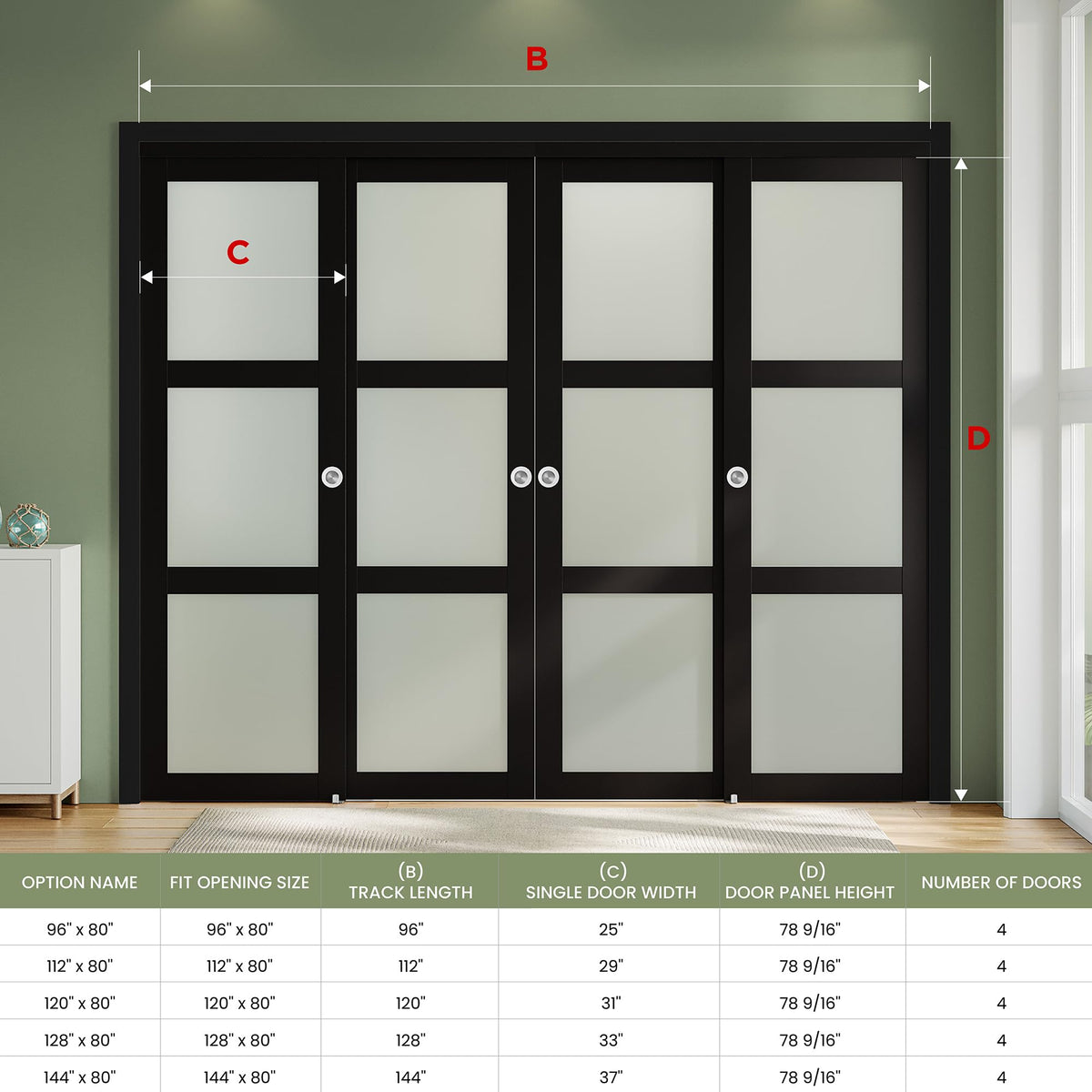 SMARTSTANDARD Black Sliding Closet Door 120x80in (Double 60in) with Frosted Glass 3-Lite