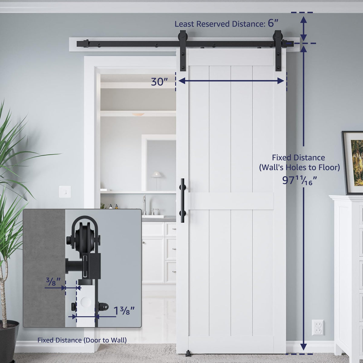 COSHOMER 30in x 96in White MDF Sliding Barn Door, Pre-Drilled Holes Easy Assembly