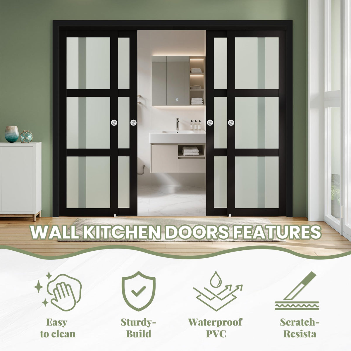 SMARTSTANDARD Black Sliding Closet Door 120x80in (Double 60in) with Frosted Glass 3-Lite