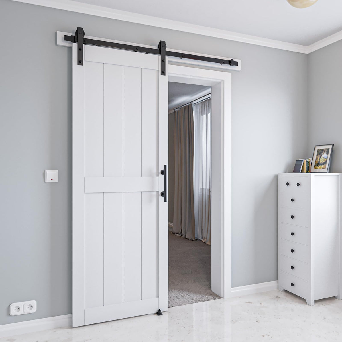 COSHOMER 30in x 96in White MDF Sliding Barn Door, Pre-Drilled Holes Easy Assembly