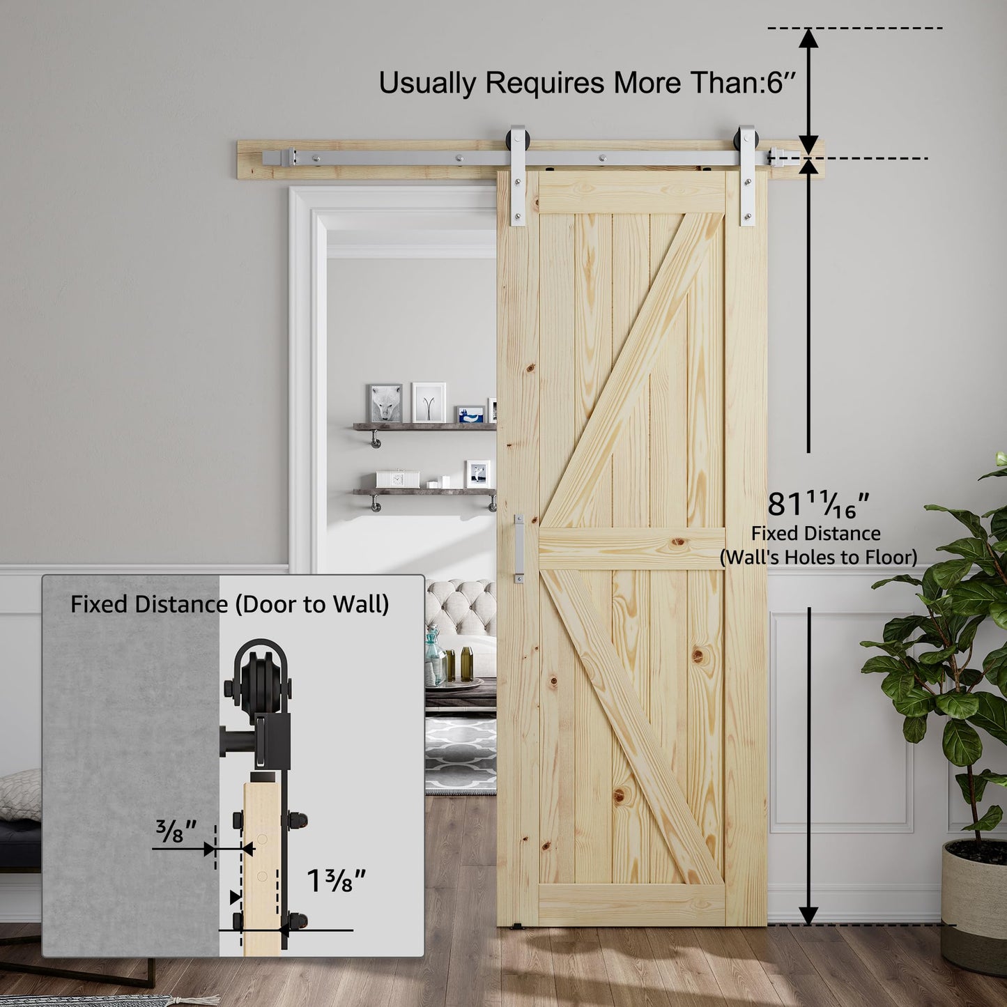 SMARTSTANDARD 30in x 80in Sliding Barn Door with Brushed Nickel Hardware | 5FT Track Kit & Handle, Assembly is Required, DIY Unfinished Solid Spruce Wood Panelled Slab, K-Frame