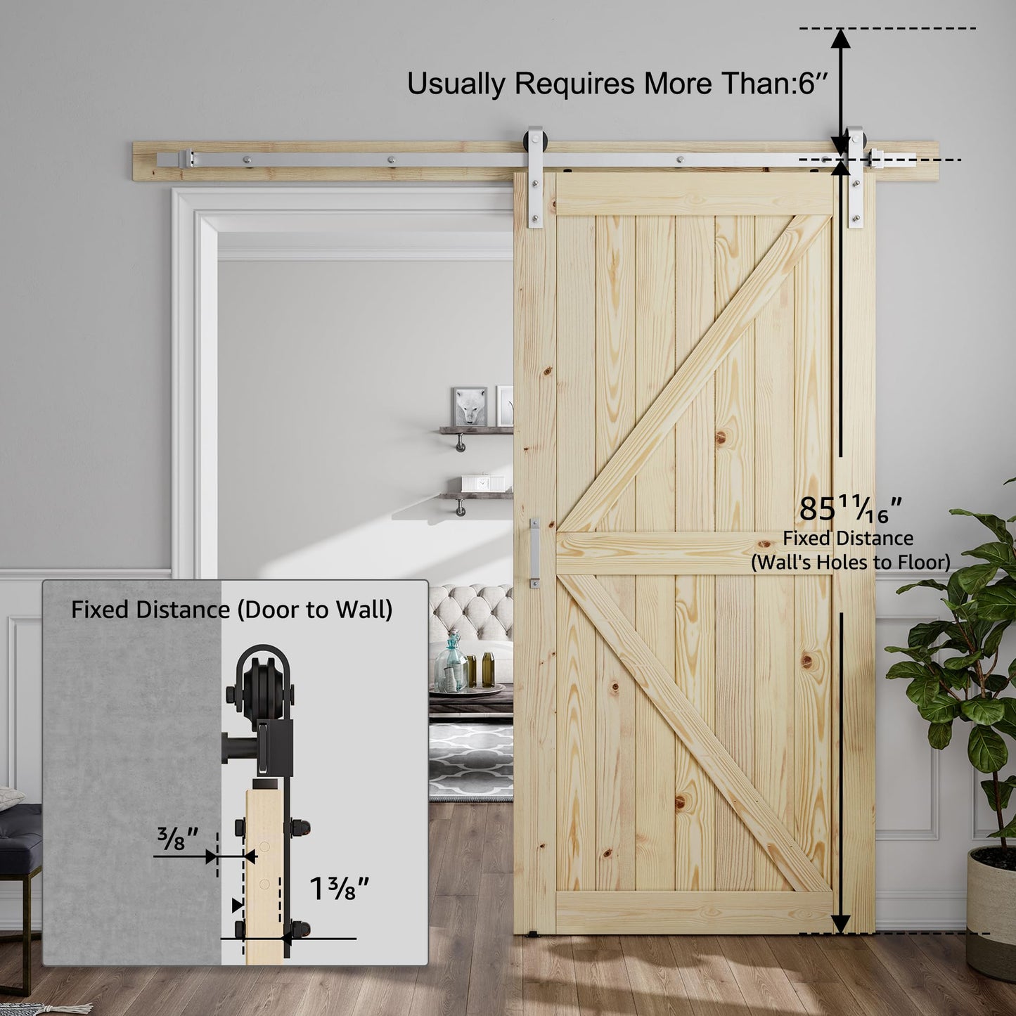 SMARTSTANDARD 40in x 84in Sliding Barn Door with Brushed Nickel Hardware | 7FT Track Kit & Handle, Assembly is Required, DIY Unfinished Solid Spruce Wood Panelled Slab, K-Frame